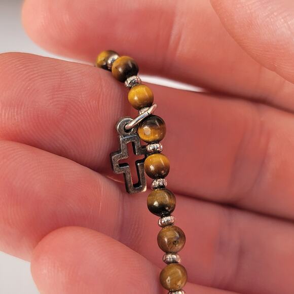 Vintage tiger's eye bracelet with silver tone cross charm 1990s stretch - Picture 10 of 10